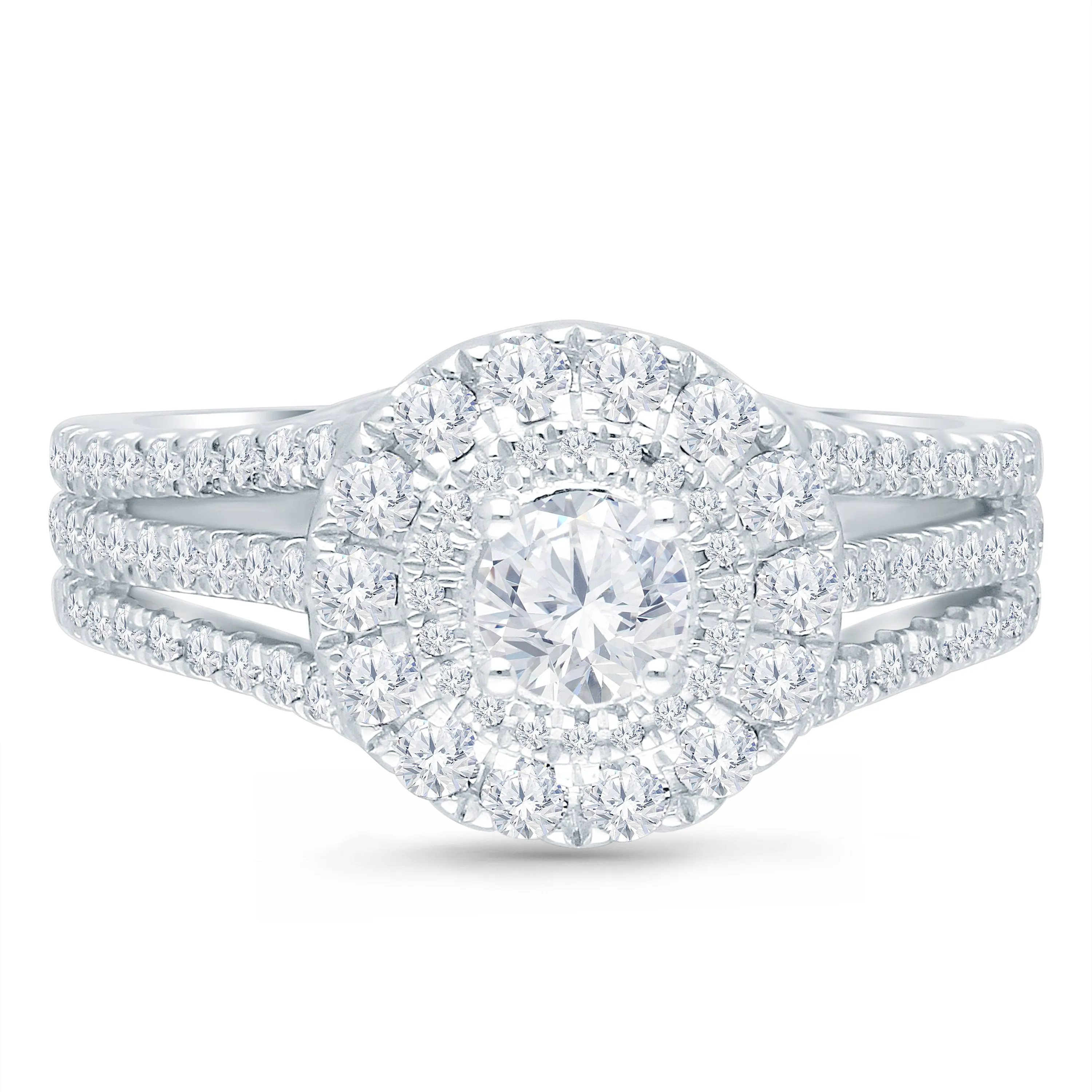 Kallati Eternal Triple Shank, Round Halo Diamond Engagement Ring in 14K White Gold