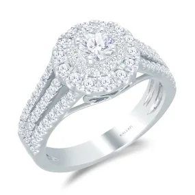 Kallati Eternal Triple Shank, Round Halo Diamond Engagement Ring in 14K White Gold