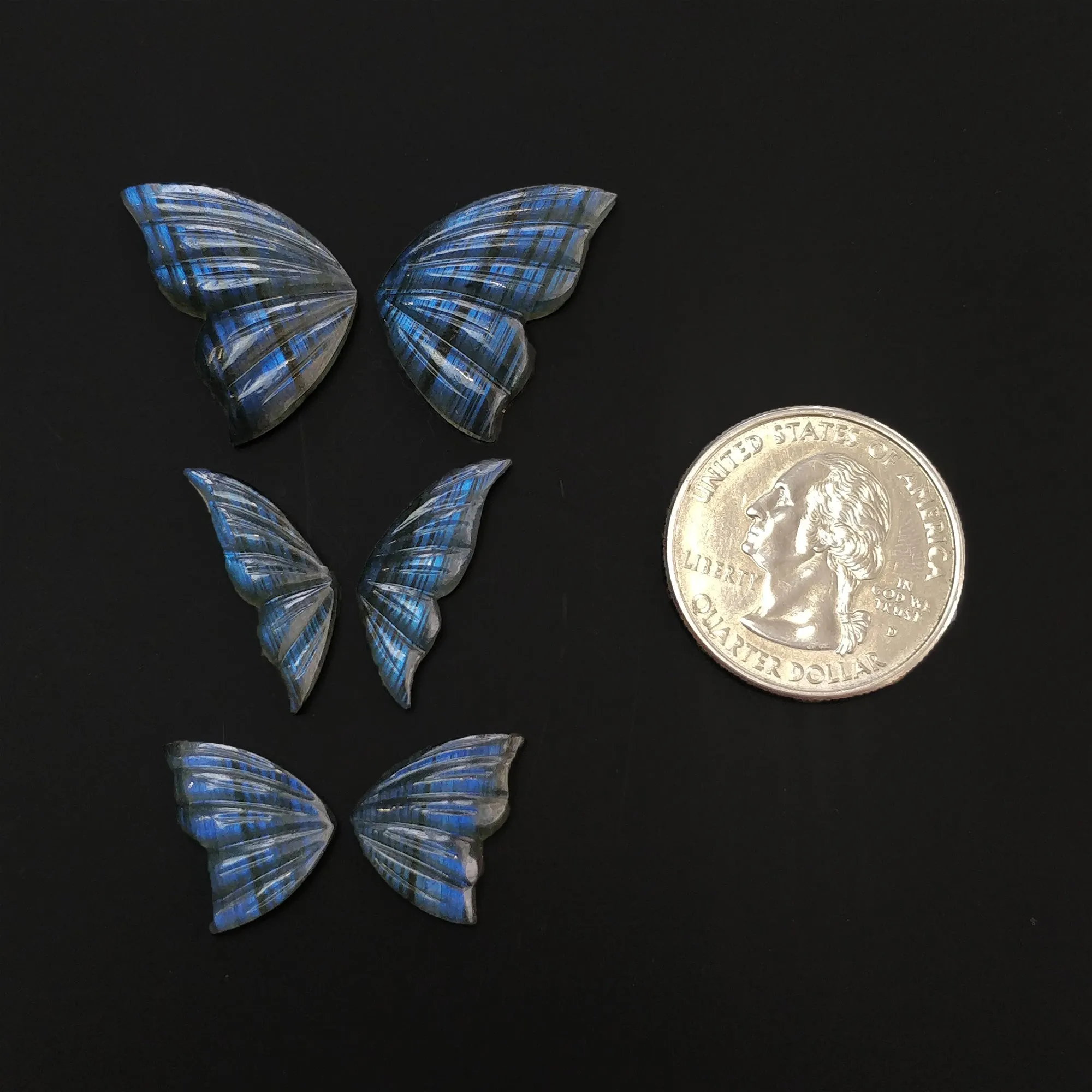 LABRADORITE Gemstone Carving : 36.40cts Natural Untreated Unheated Labradorite Hand Carved Butterfly 15.5*11.5mm - 24*14.5mm 3Pairs Sets