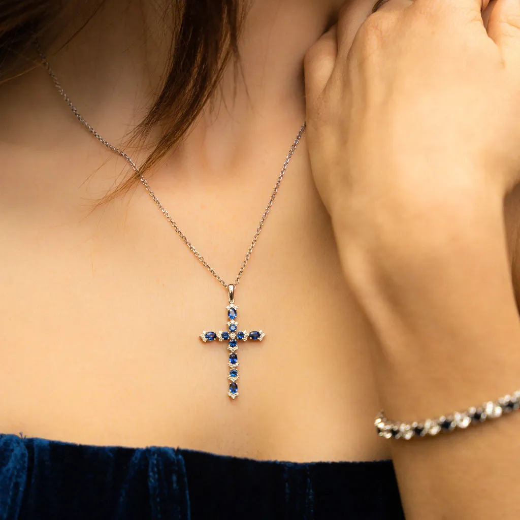 Large Blue Sapphire & Diamond Cross Pendant