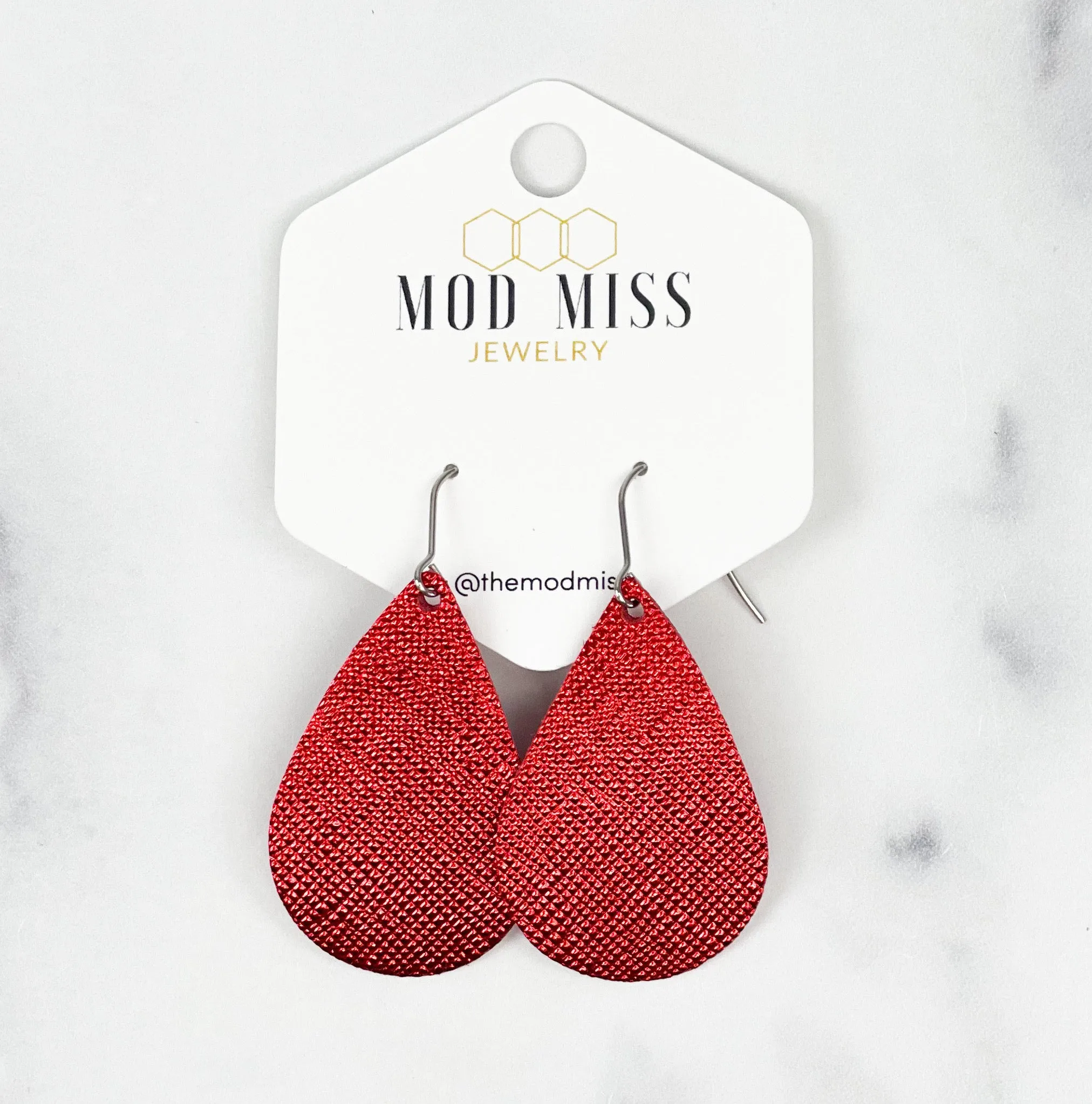 Leather Teardrop Earring Saffiano Metallic Red