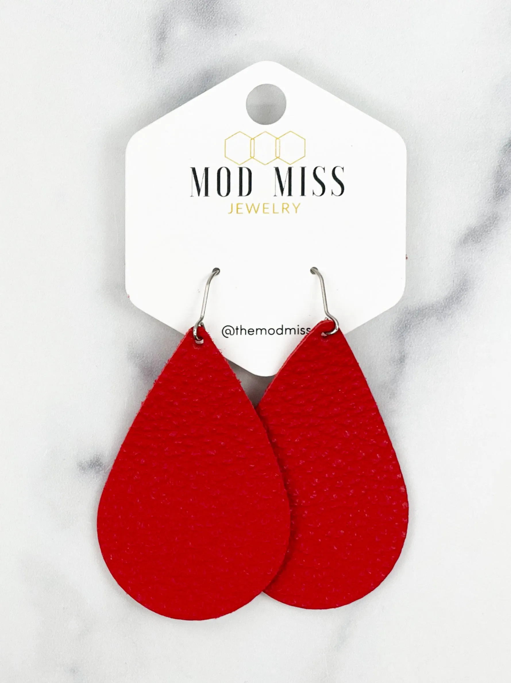 Leather Teardrop Earring True Red