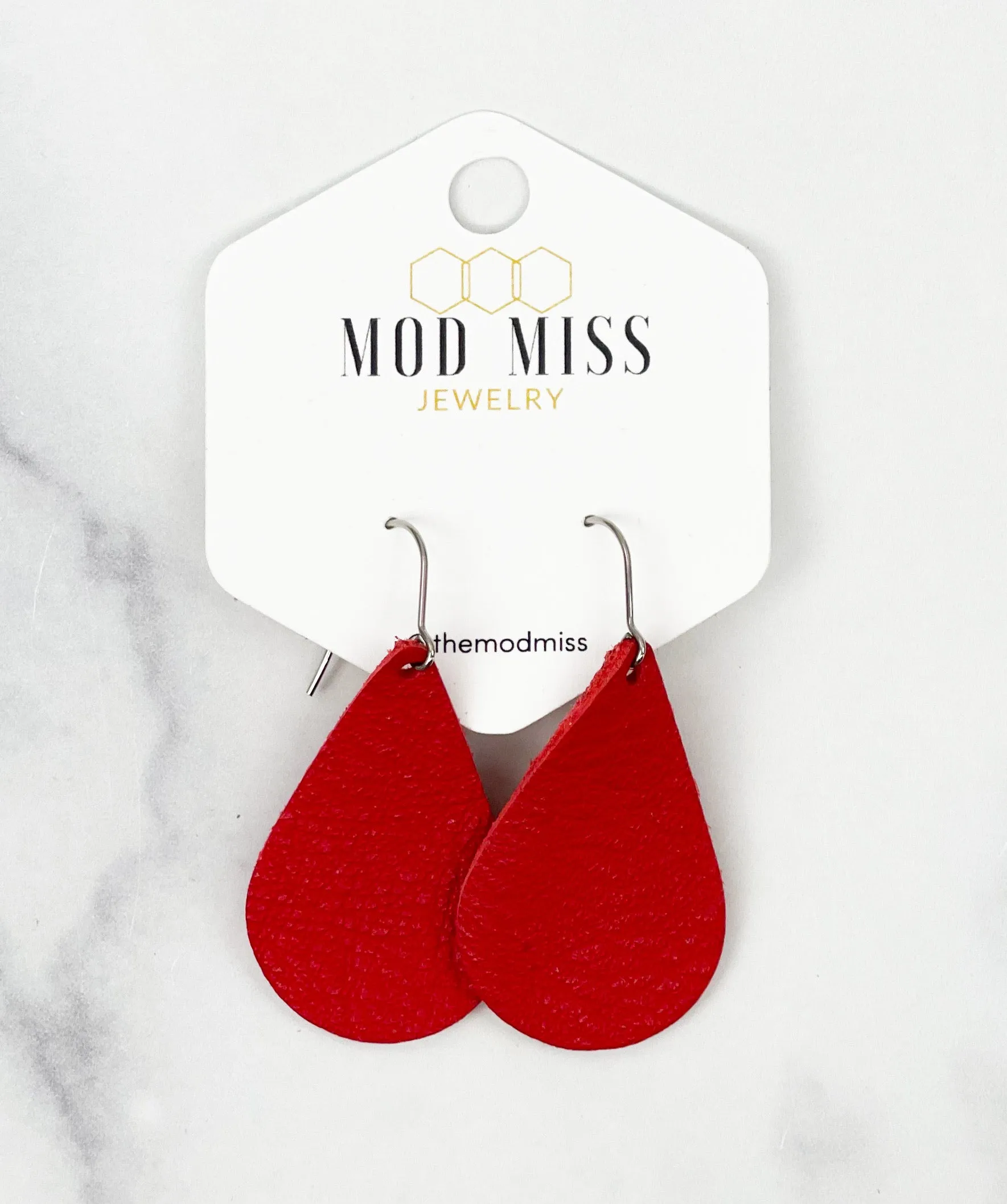 Leather Teardrop Earring True Red