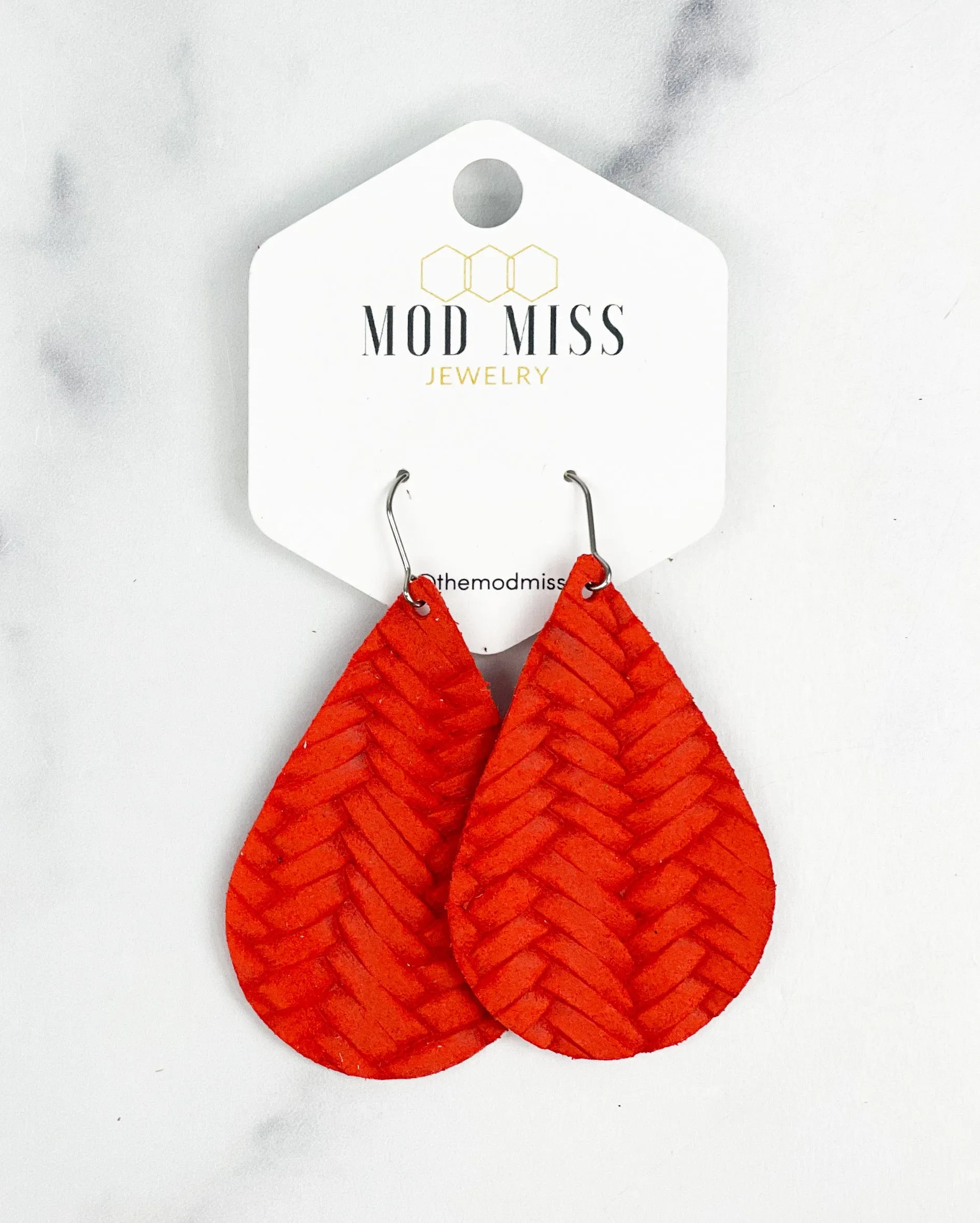 Leather Teardrop Earring Weaved Orange