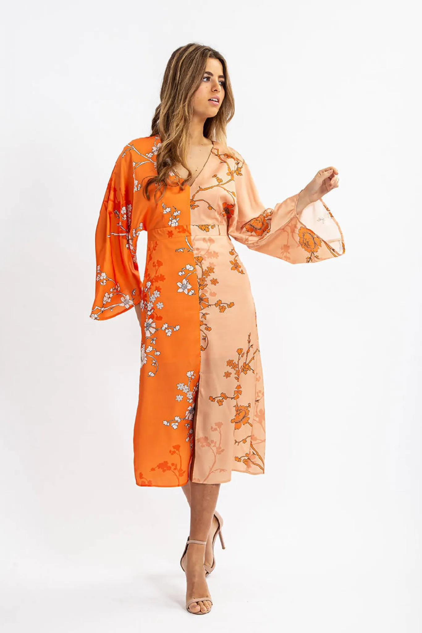 Liquorish Kimono Dress In Orange And Beige Oriental Print