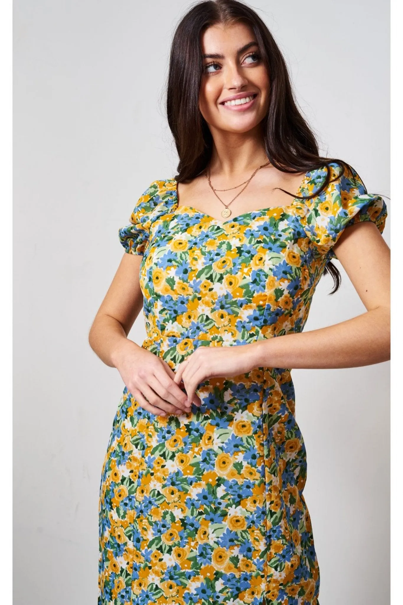 Love Frontrow Blue/yellow Floral Short Sleeve Midi Dress