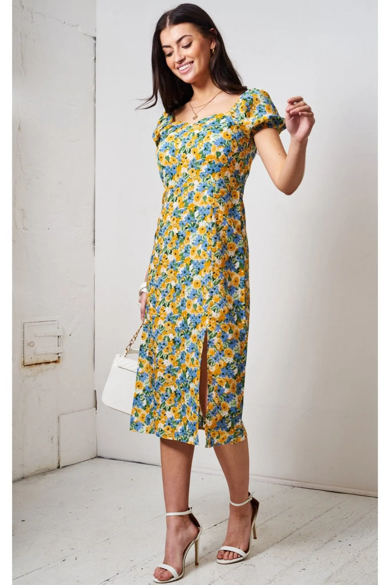 Love Frontrow Blue/yellow Floral Short Sleeve Midi Dress