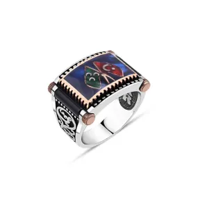 Navy Blue Enameled Ottoman and Turkish Flags with Onyx Cylinders Flag Design Silver Men’s Ring