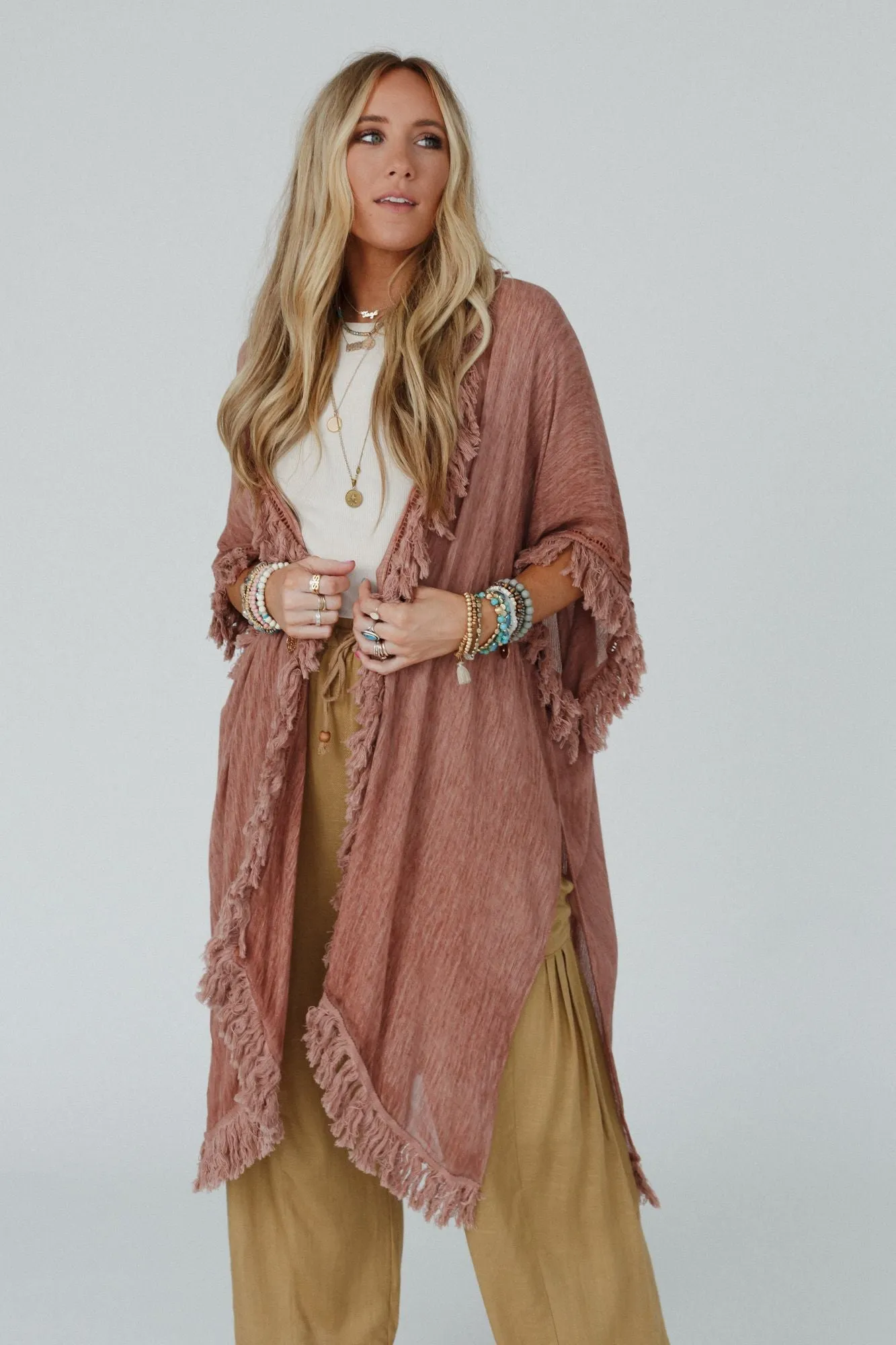 On The Edge Fringe Kimono - Rose Clay