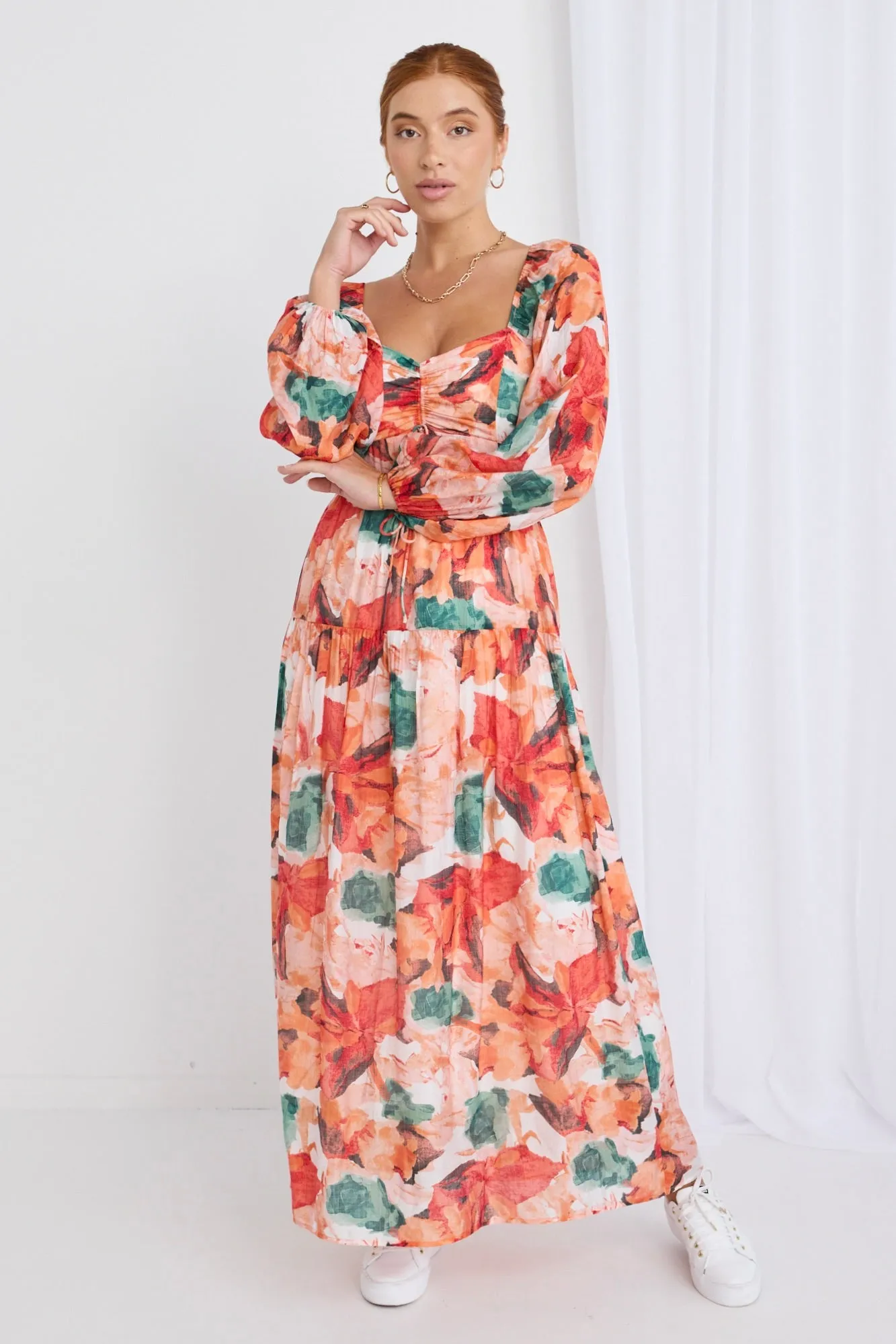 Ornelle Orange Watercolour LS Tiered Maxi Dress