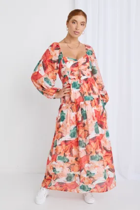 Ornelle Orange Watercolour LS Tiered Maxi Dress