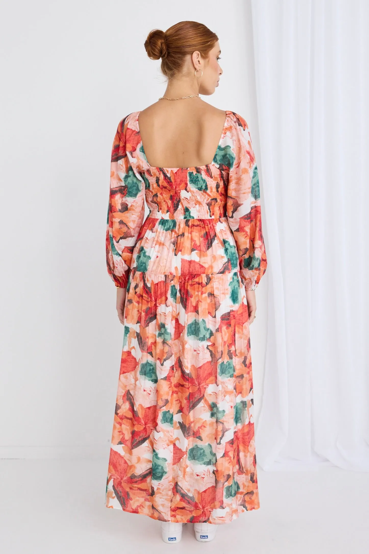 Ornelle Orange Watercolour LS Tiered Maxi Dress