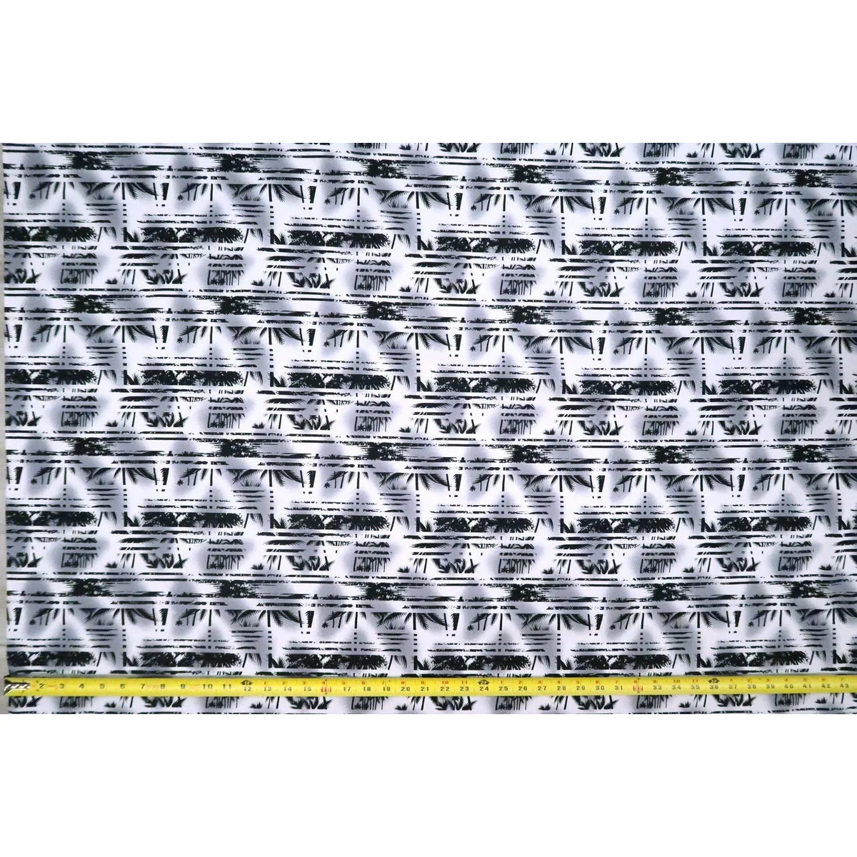 Palm Tree Abstract Border Print 100% Cotton Fabric -White/BLACK C150BK