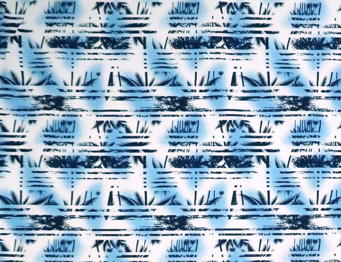 Palm Tree Border Abstract Print 100% Cotton Fabric -White/Blue C149B