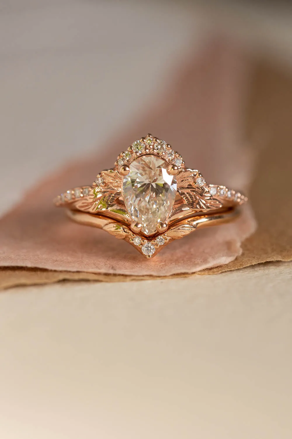 Pear lab grown diamond engagement ring, nature inspired gold promise ring with diamonds / Amelia