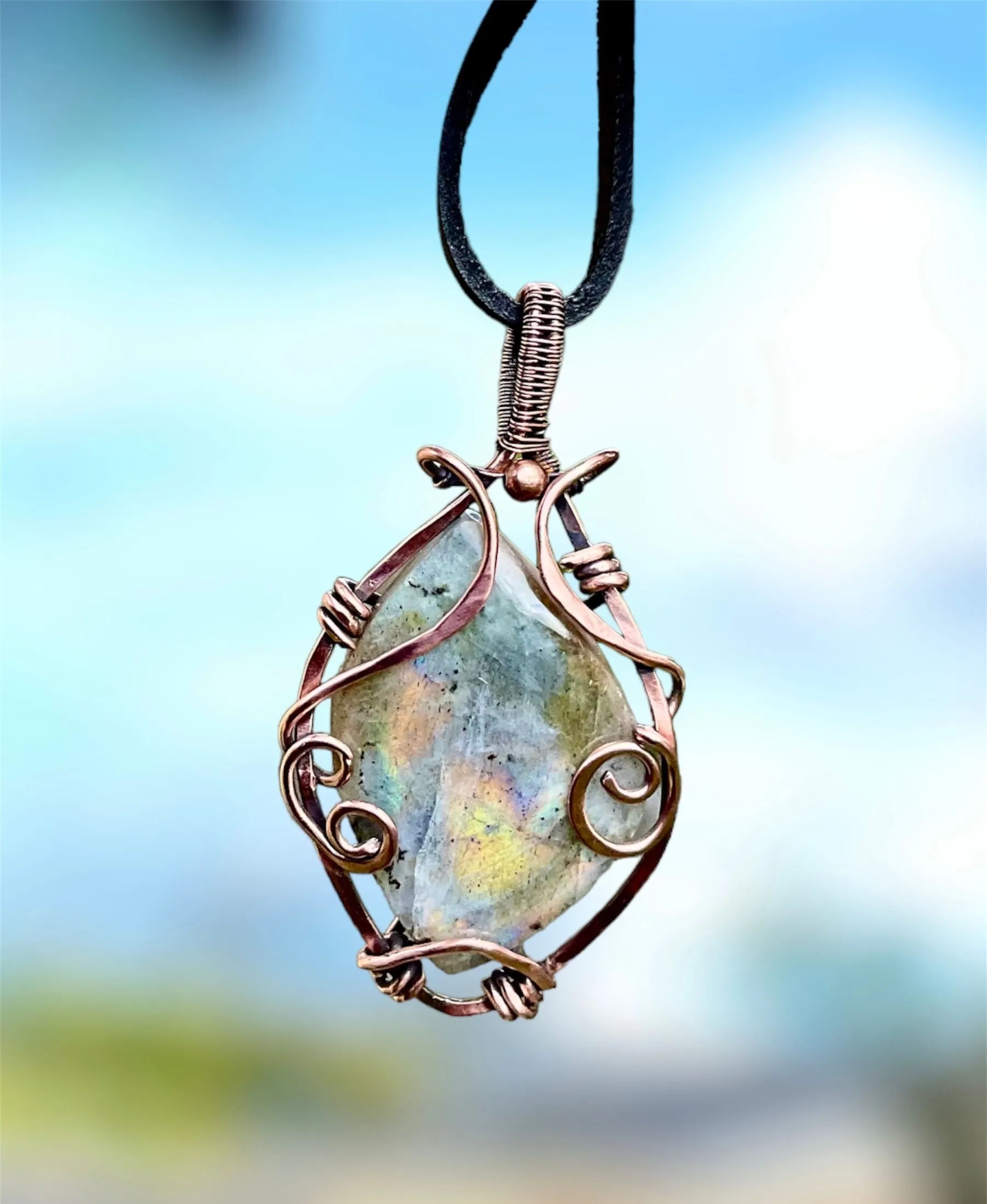 Pink Labradorite Wire Wrapped Pendant