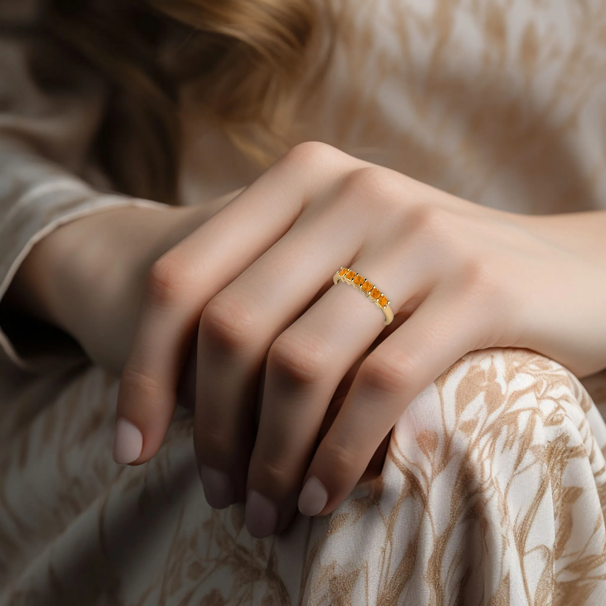 Princess Cut Citrine Band Stacking Ring November Birthstone