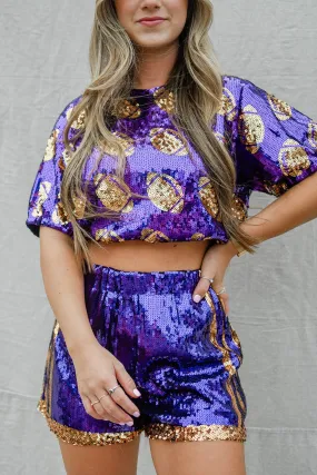 Purple & Gold Sequin Jersey Shorts