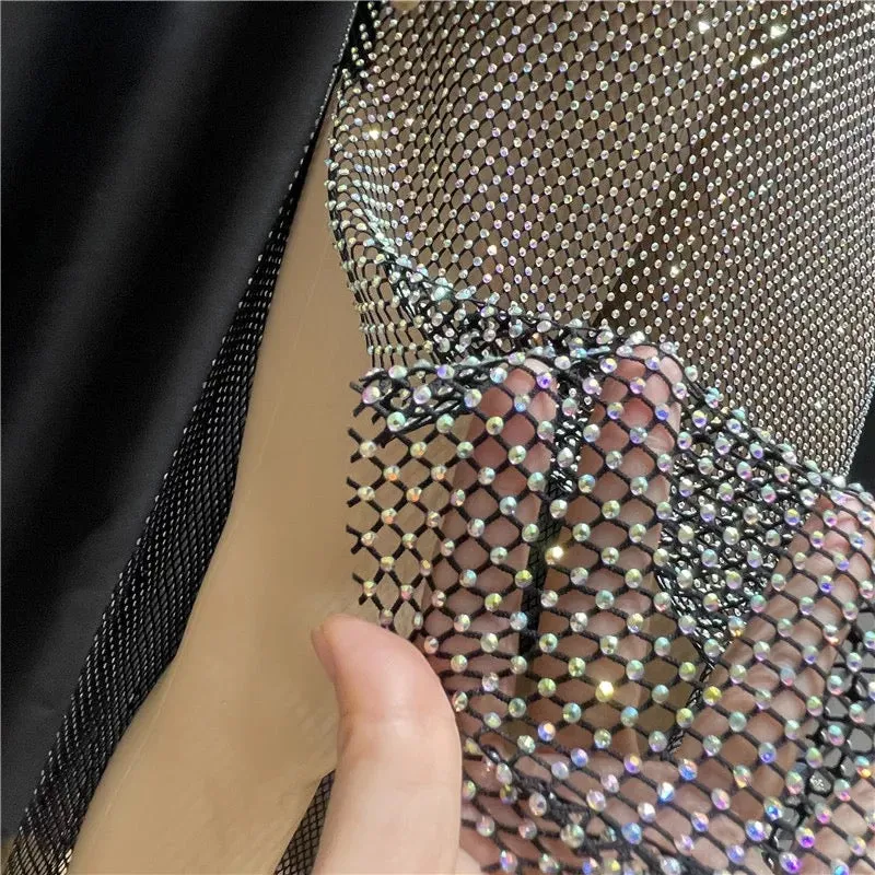 Rochie Neagra 'Diamond Fishnet' Lunga - Rochie lunga din plasa, cu detalii din pietre