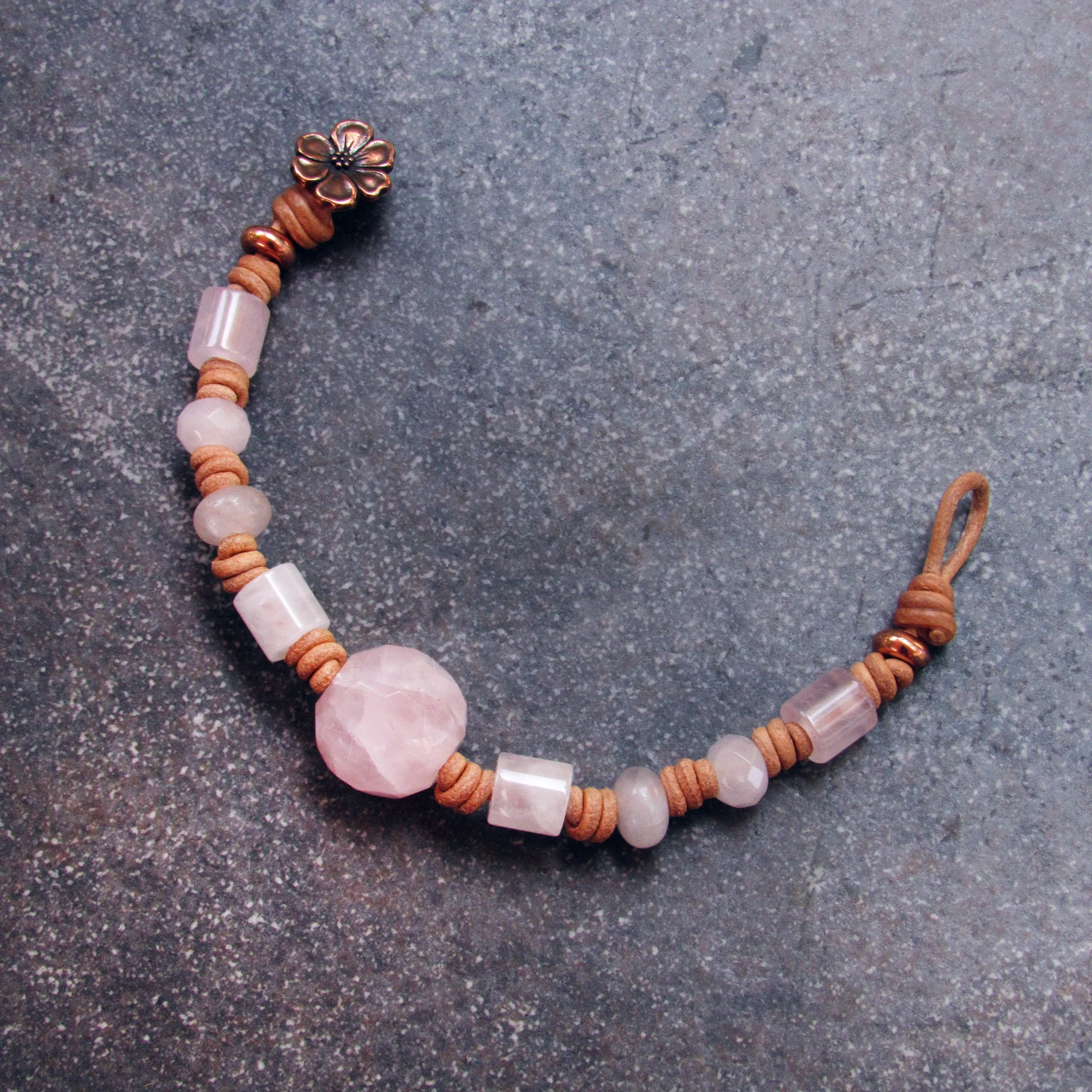 Rose Quartz and Leather Bracelet with Copper Button