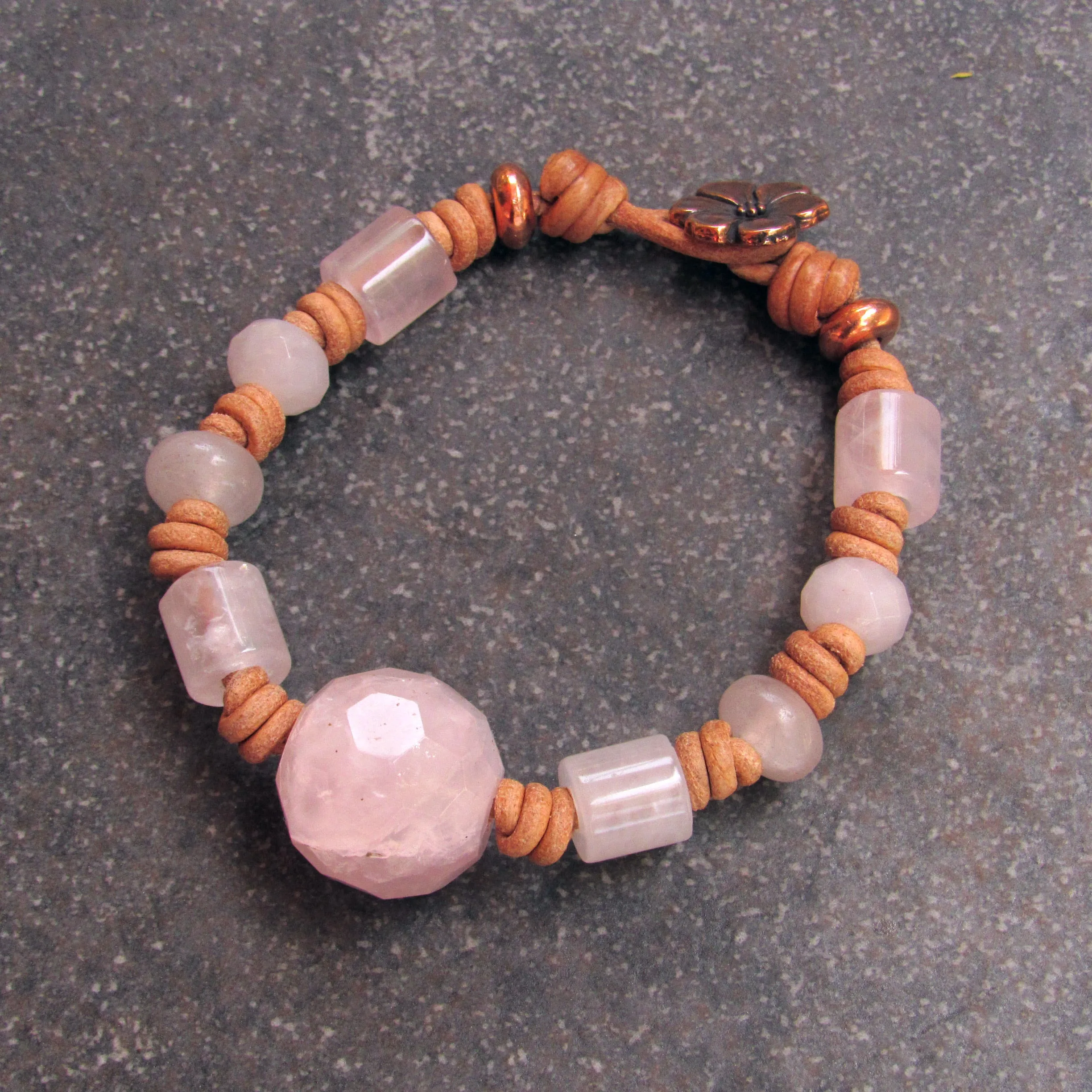 Rose Quartz and Leather Bracelet with Copper Button