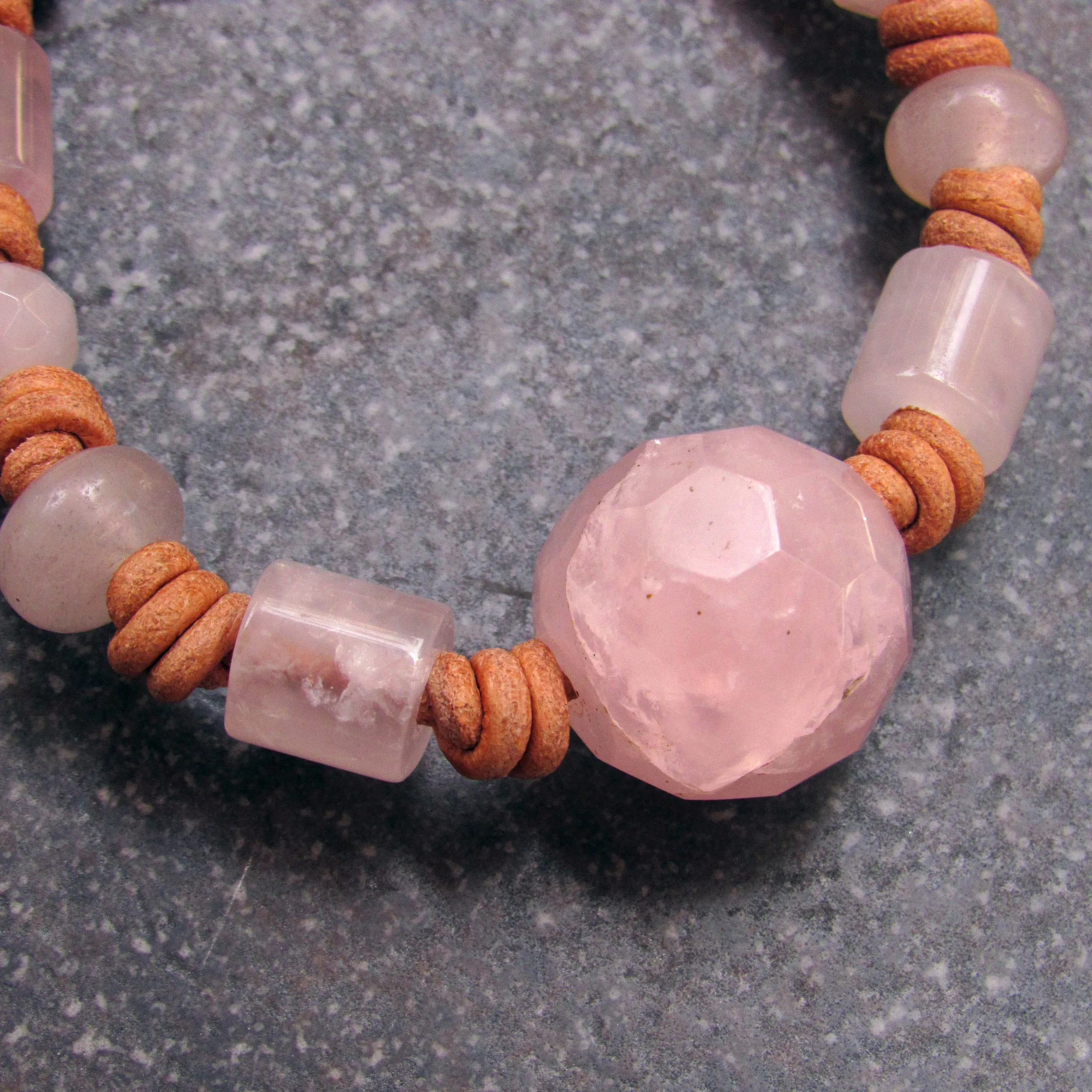 Rose Quartz and Leather Bracelet with Copper Button