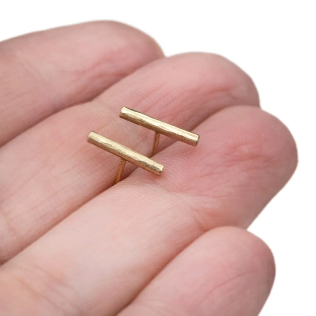 Short Hammered 14k Yellow Gold Bar Studs Earrings, Ready to Ship