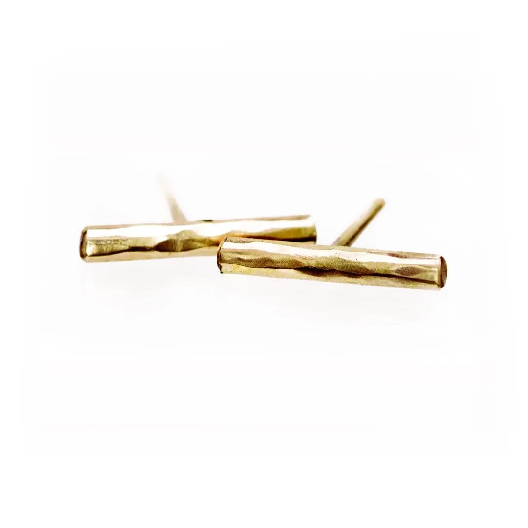 Short Hammered 14k Yellow Gold Bar Studs Earrings, Ready to Ship