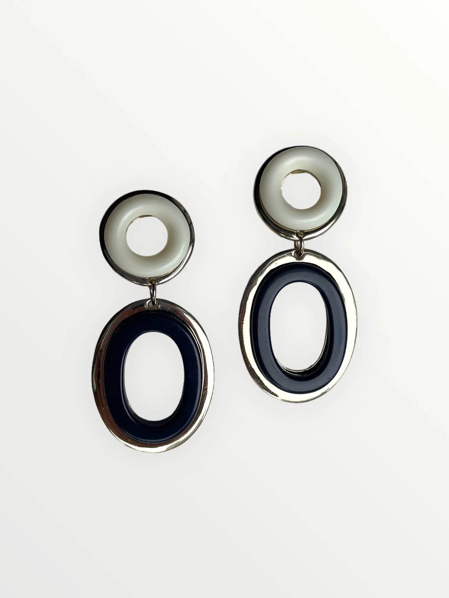 Silver Metal Blue and White Resin Double Hoop Clip Earrings