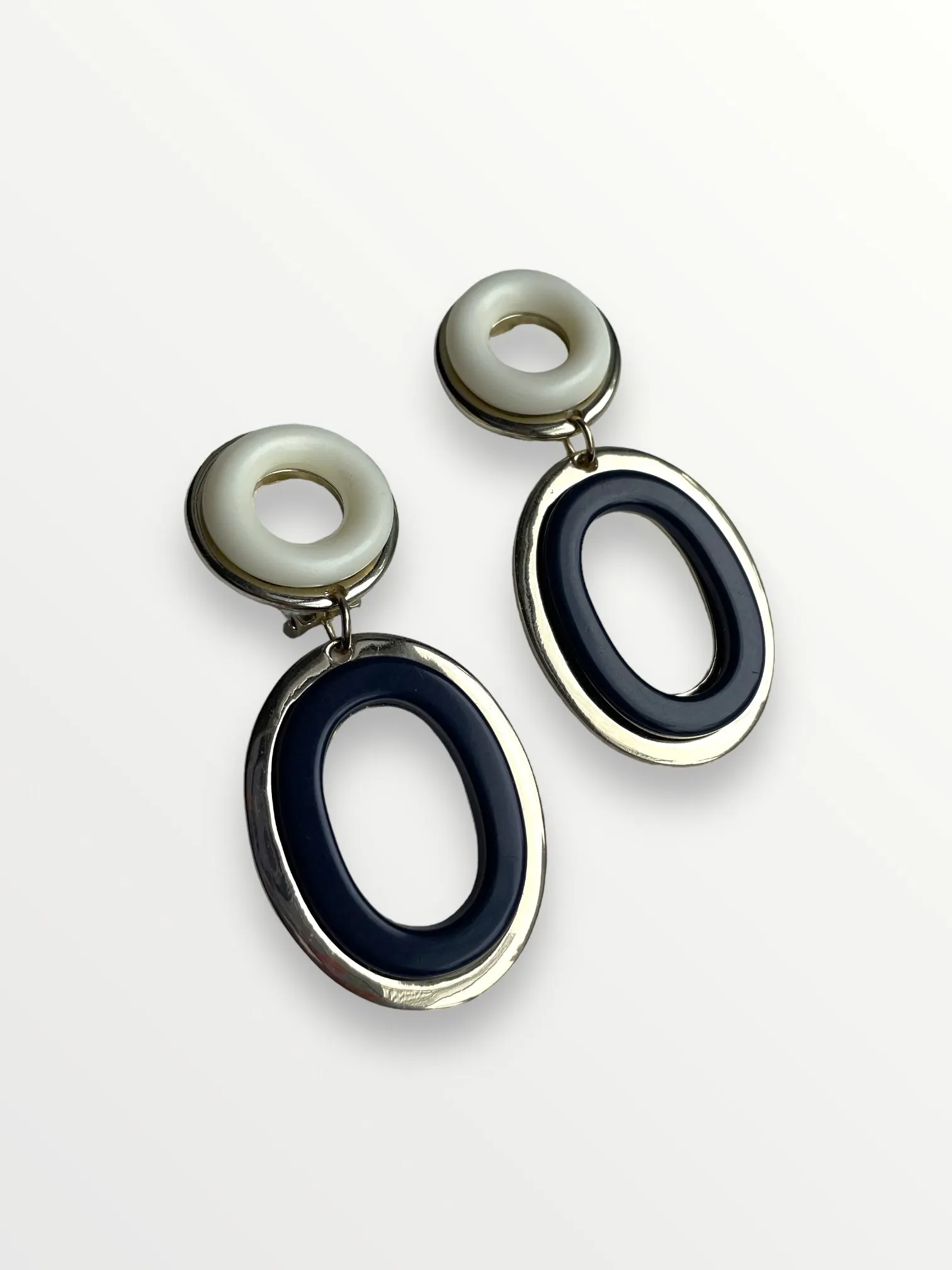 Silver Metal Blue and White Resin Double Hoop Clip Earrings