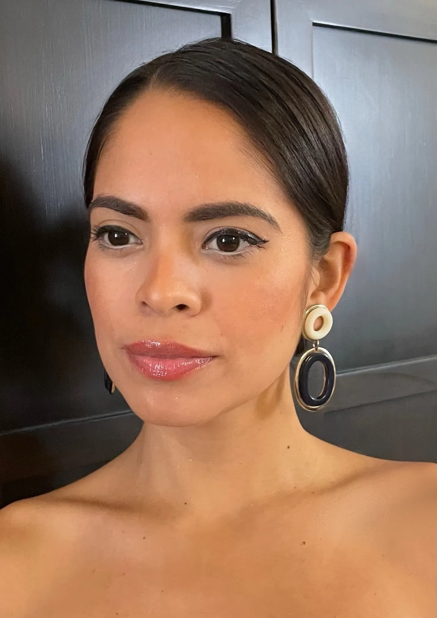 Silver Metal Blue and White Resin Double Hoop Clip Earrings