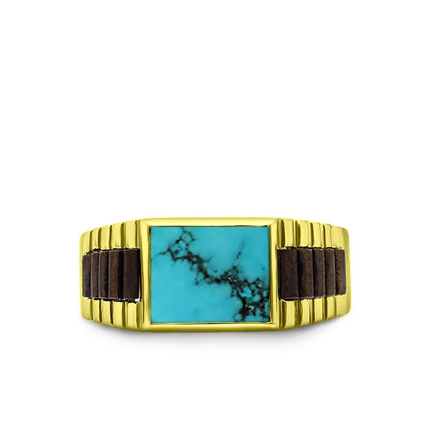 Solid 10k Gold Ring Genuine Blue Turquoise Stone Band Ring for Man