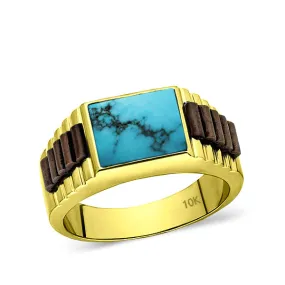 Solid 10k Gold Ring Genuine Blue Turquoise Stone Band Ring for Man