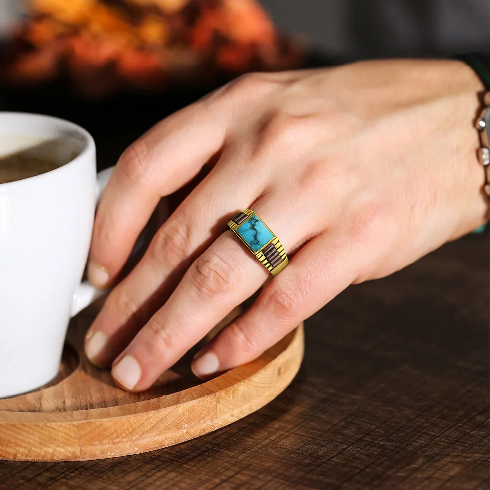 Solid 10k Gold Ring Genuine Blue Turquoise Stone Band Ring for Man