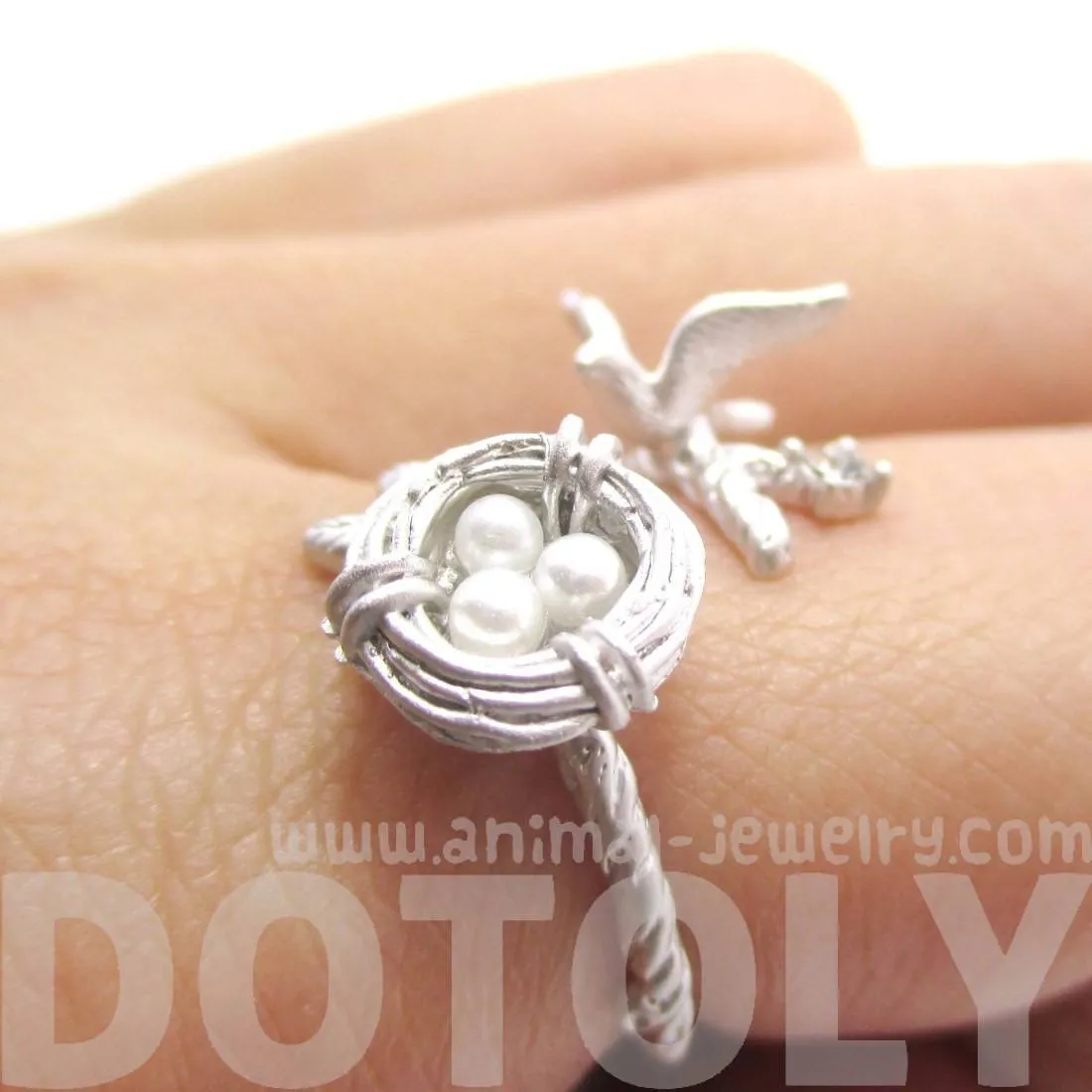 Sparrow and Bird Nest on A Branch Wrap Around Adjustable Ring in Silver