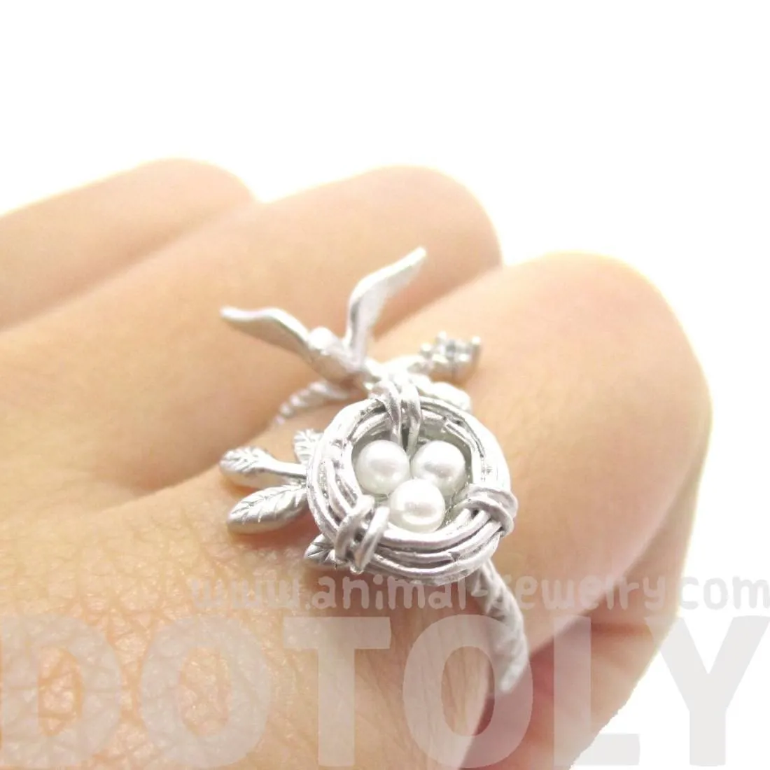 Sparrow and Bird Nest on A Branch Wrap Around Adjustable Ring in Silver