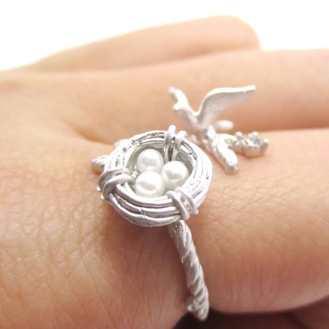 Sparrow and Bird Nest on A Branch Wrap Around Adjustable Ring in Silver