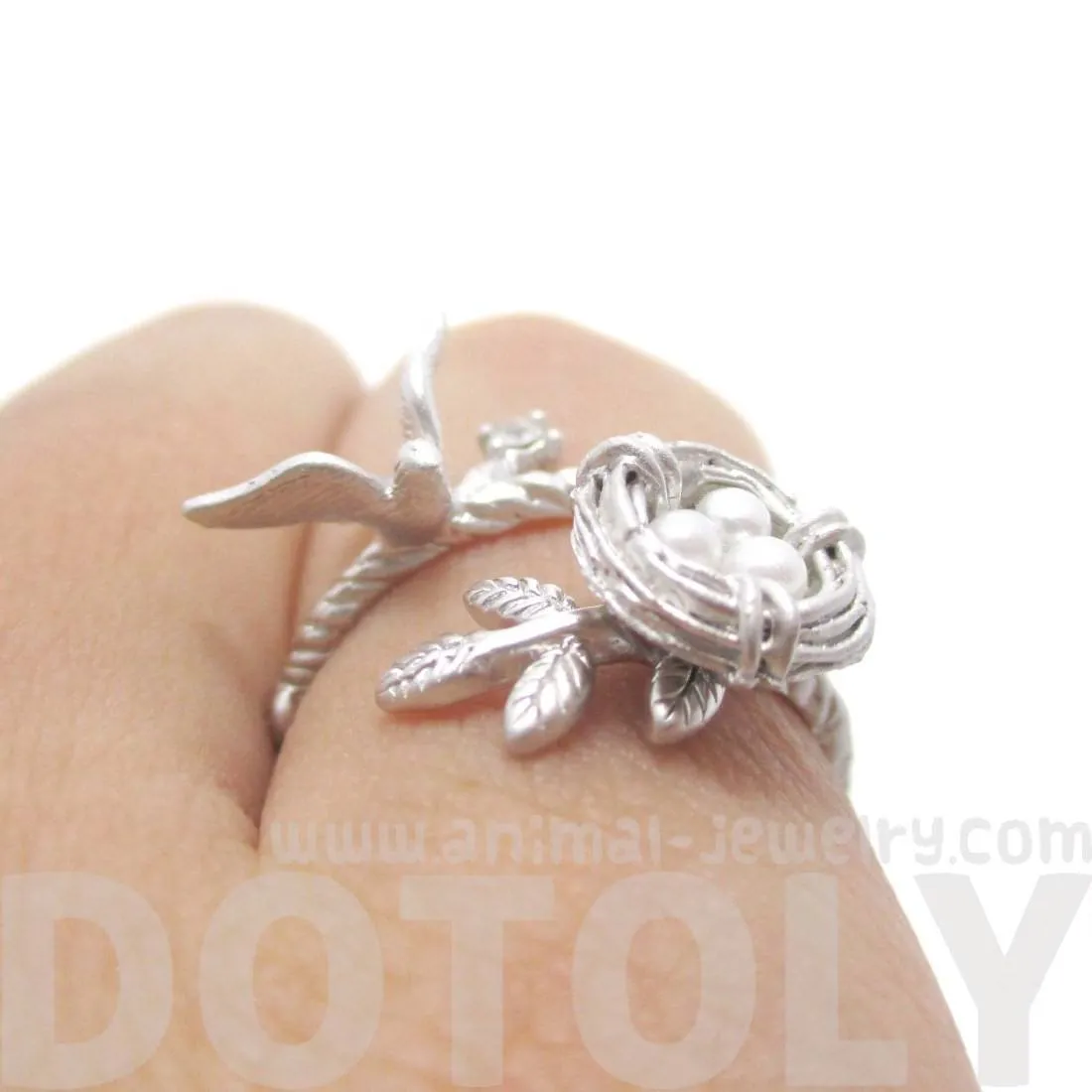 Sparrow and Bird Nest on A Branch Wrap Around Adjustable Ring in Silver