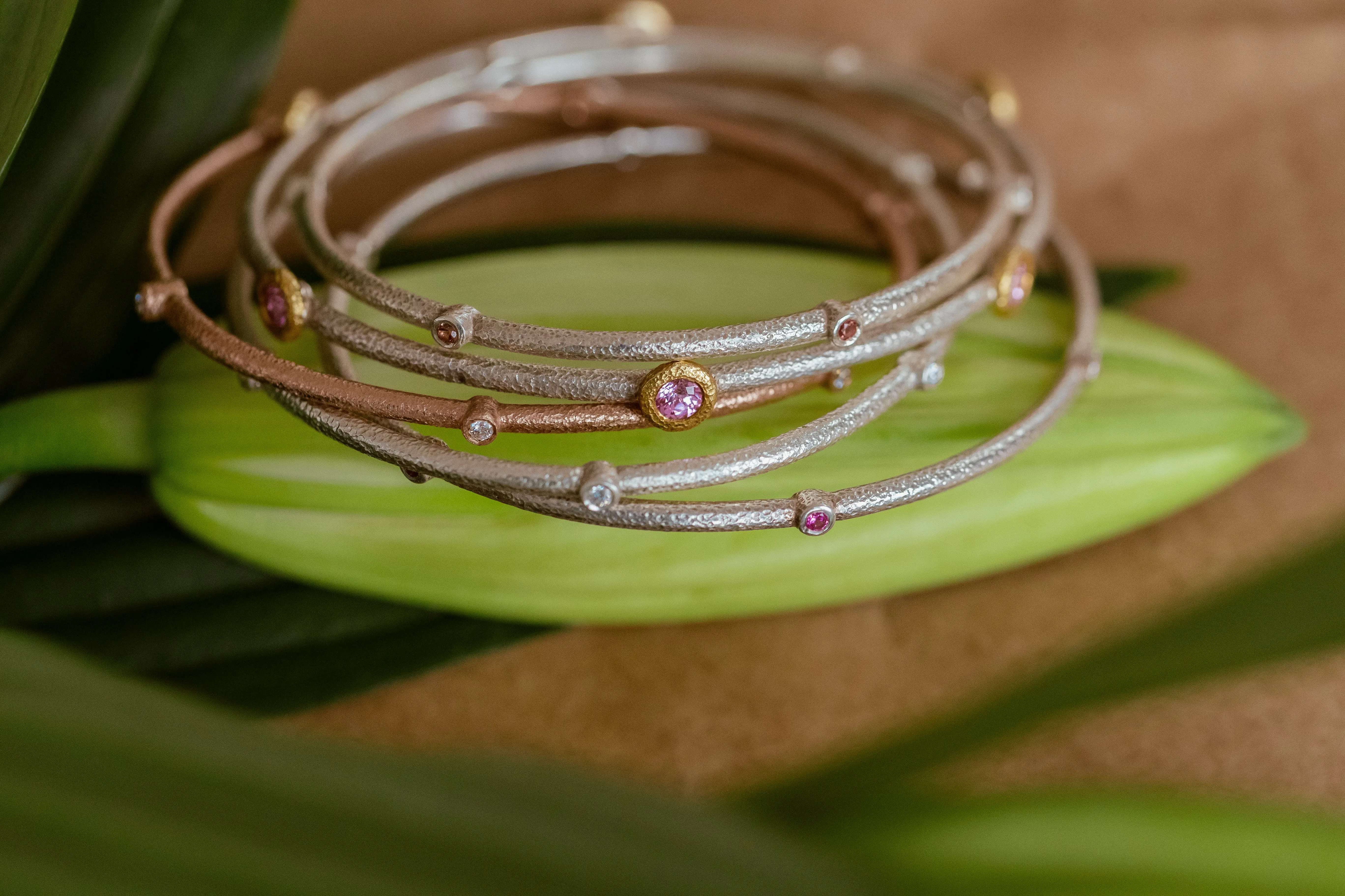 Sputnik Bangle in Sterling Silver with Padparadscha Sapphires