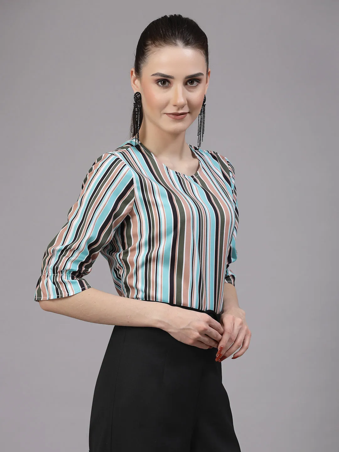 Style Quotient Women Aqua and Multi Striped Regular Casual Top