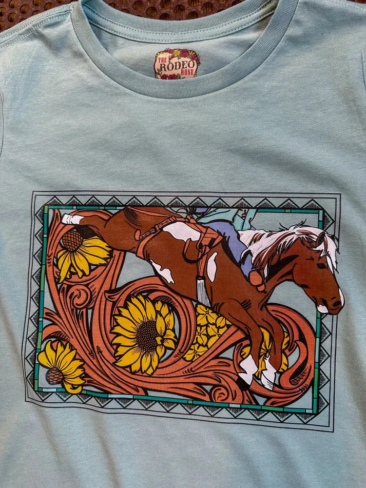 The Rodeo Rose Bareback rider floral scroll tee