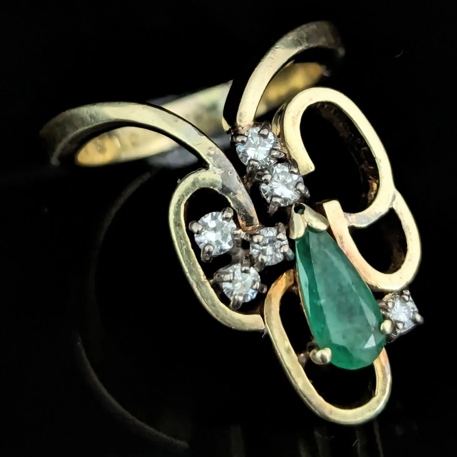 The Tarboro - 1970's Emerald Diamonds 14k Gold Cocktail Ring