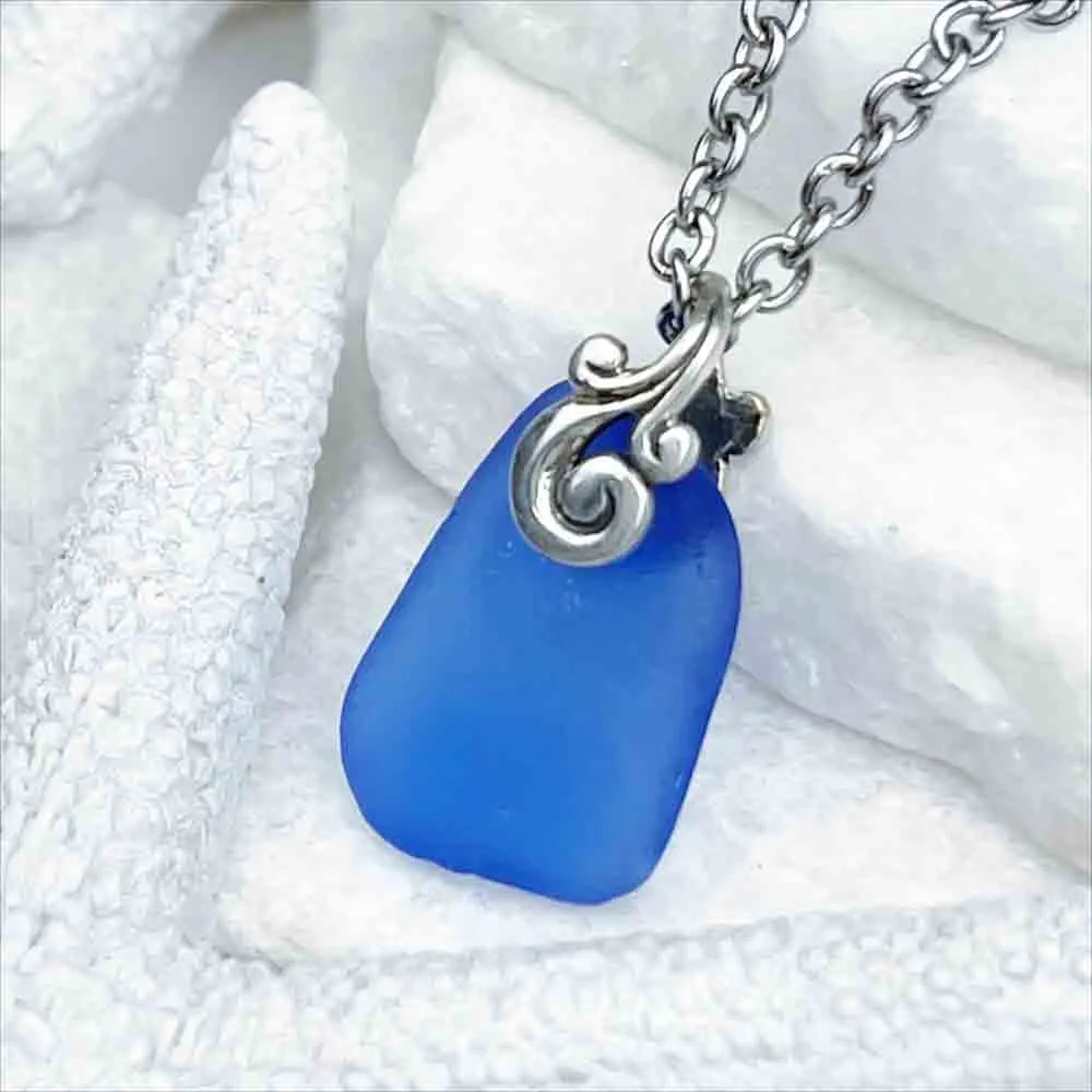 Tiny Blue Sea Glass Pendant on Sterling Silver | #5194