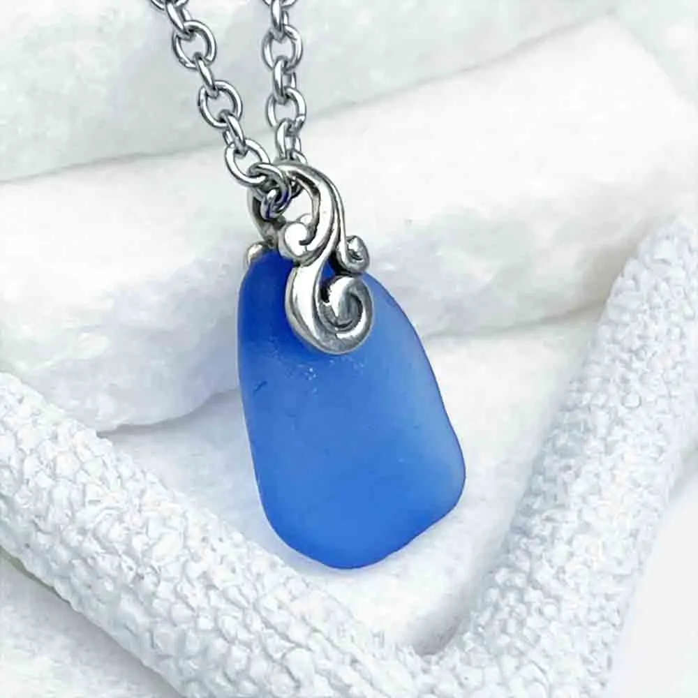 Tiny Blue Sea Glass Pendant on Sterling Silver | #5194