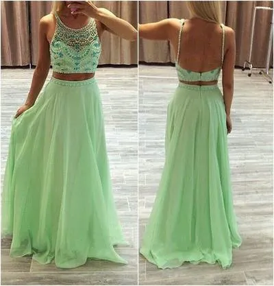 Two Pieces Green Chiffon Rhinestone Backless Scoop A-Line Beads Prom Dresses