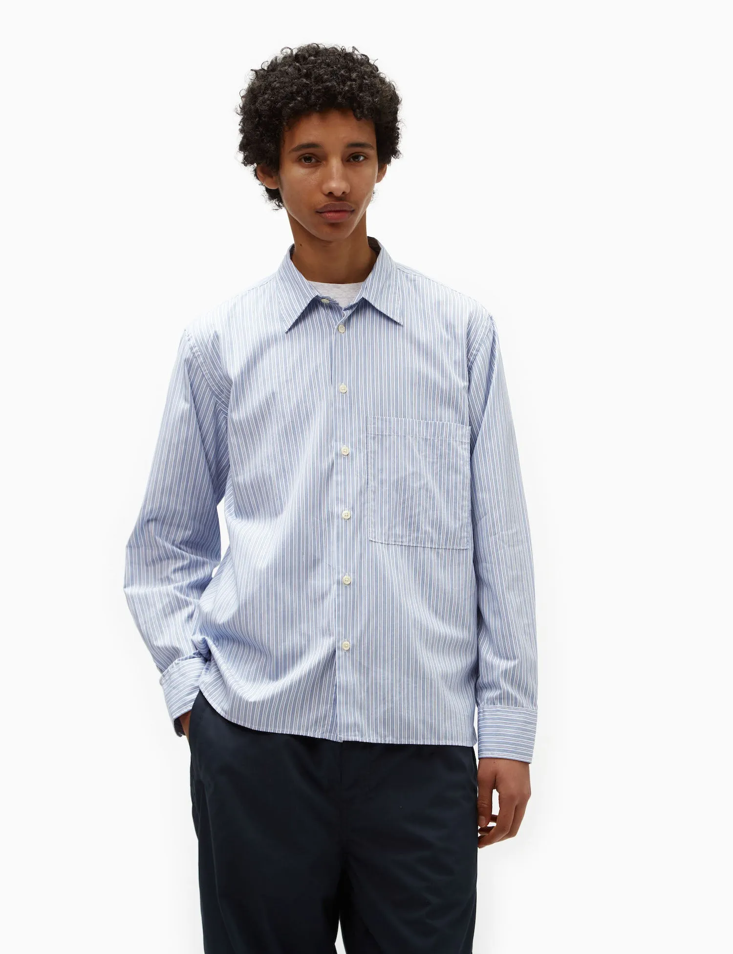 Universal Works Square Pocket Shirt (Cotton) - Blue/Navy Blue Stripe