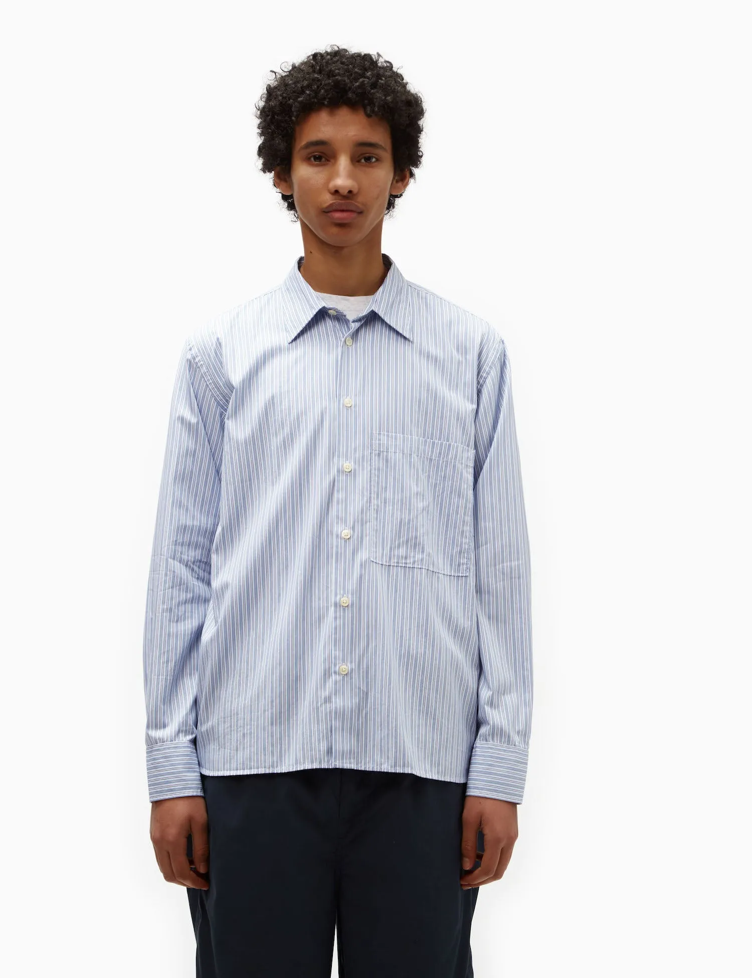 Universal Works Square Pocket Shirt (Cotton) - Blue/Navy Blue Stripe