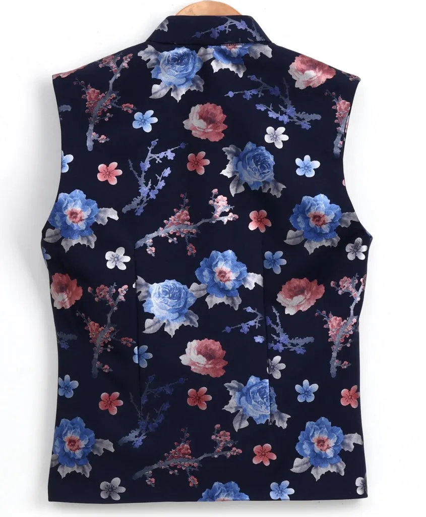 VASTRAMAY Boy's Imported Fabric Floral Print Navy Blue Nehru Jacket