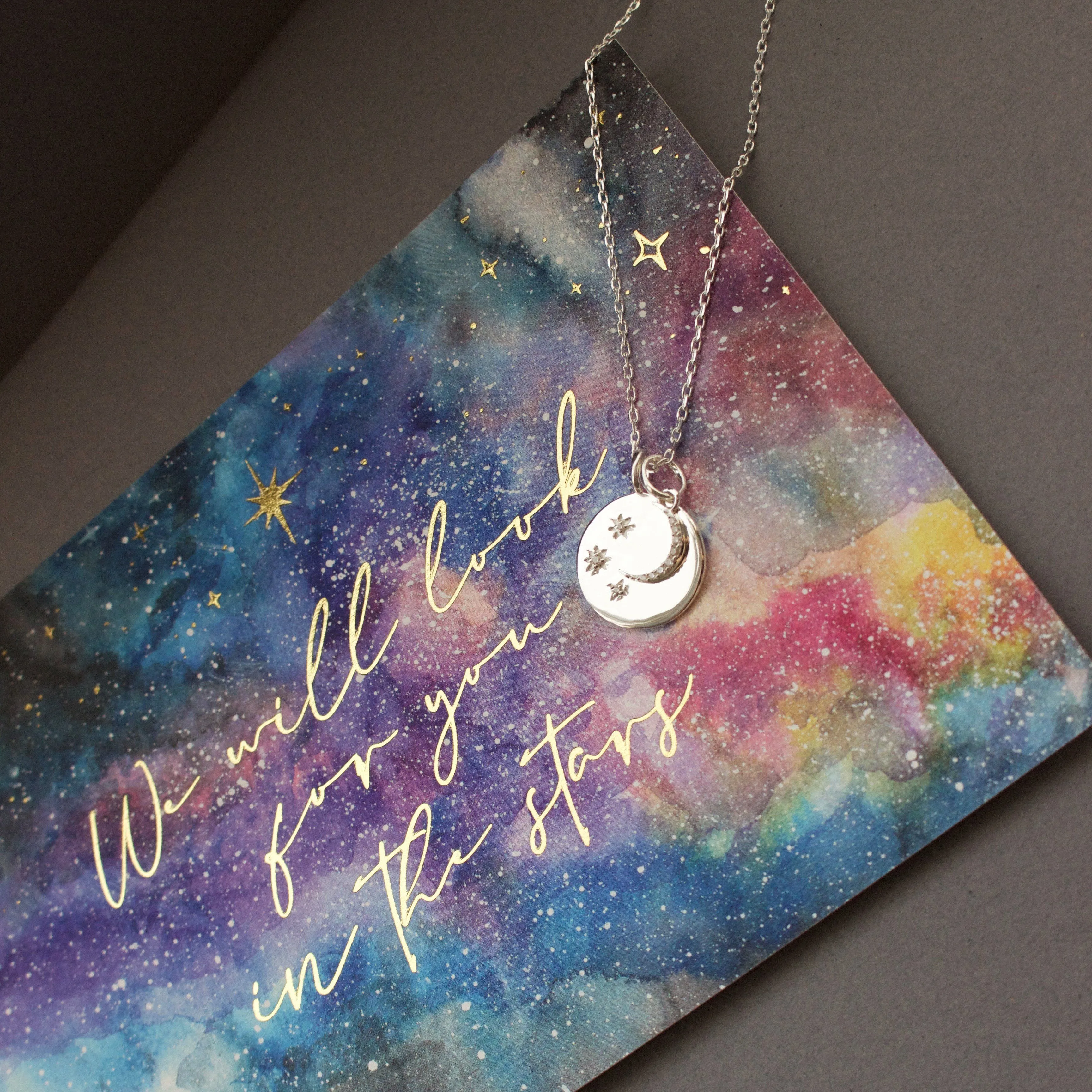 We will look for you in the stars Coin Necklace with Crescent Moon Charm