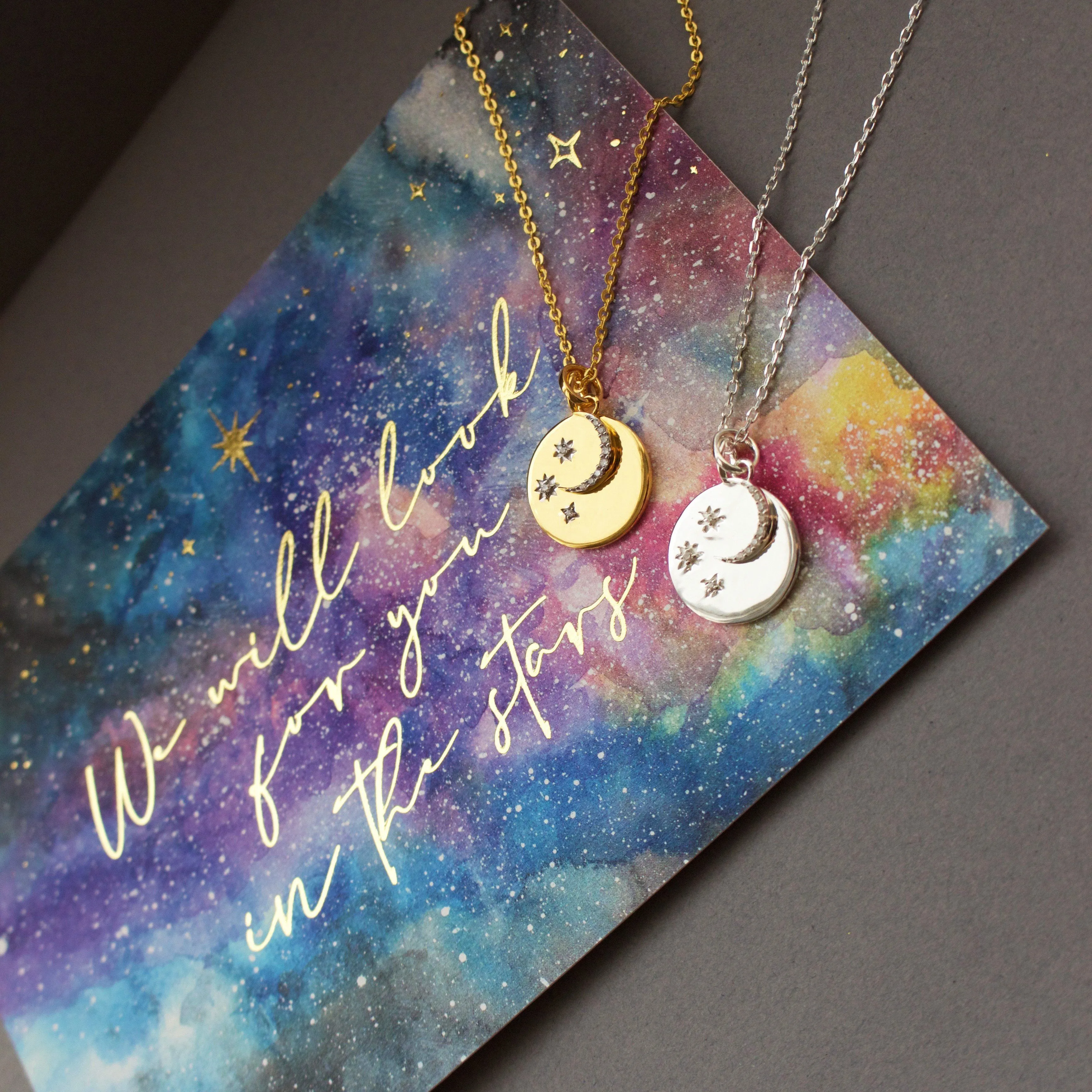 We will look for you in the stars Coin Necklace with Crescent Moon Charm